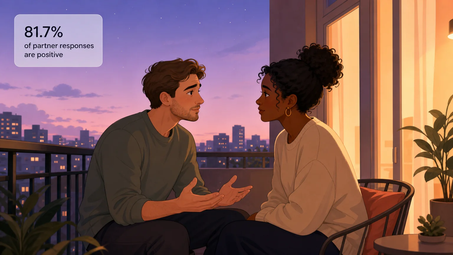 Two partners talking on a balcony at night — 81.7% of partner responses to fantasy disclosure are positive