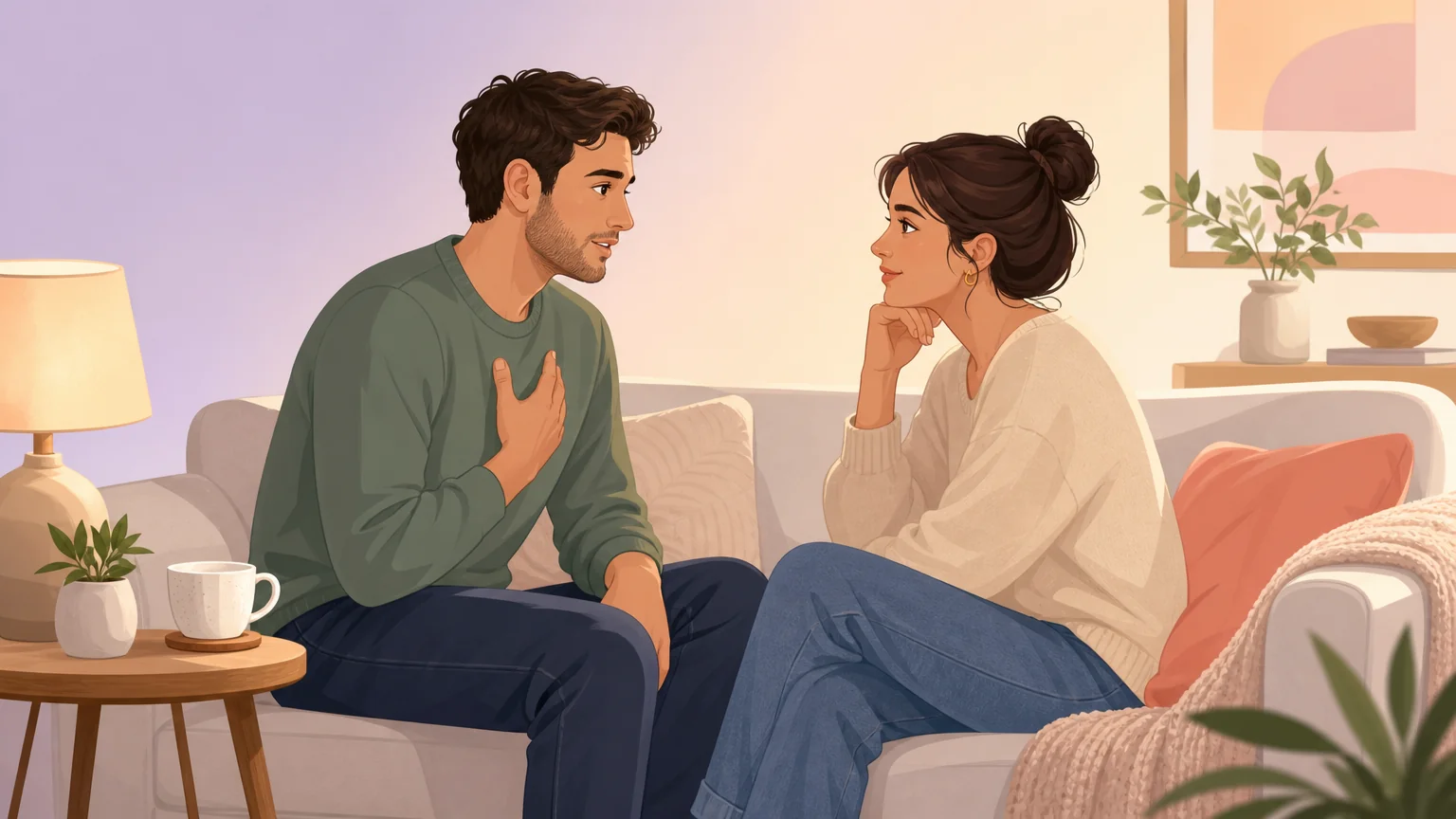 A couple sharing an intimate, honest conversation on a couch in warm evening light