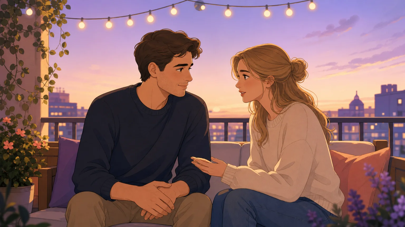 Two people having an intimate conversation on a balcony at twilight — the vulnerable moment of sharing something private