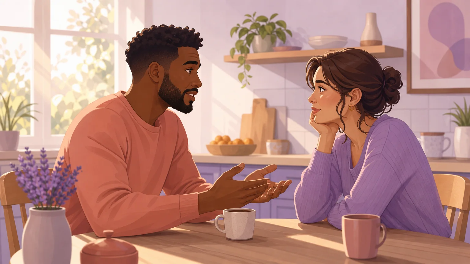 A couple sitting at a kitchen table in morning light, having an intimate and vulnerable conversation about desire