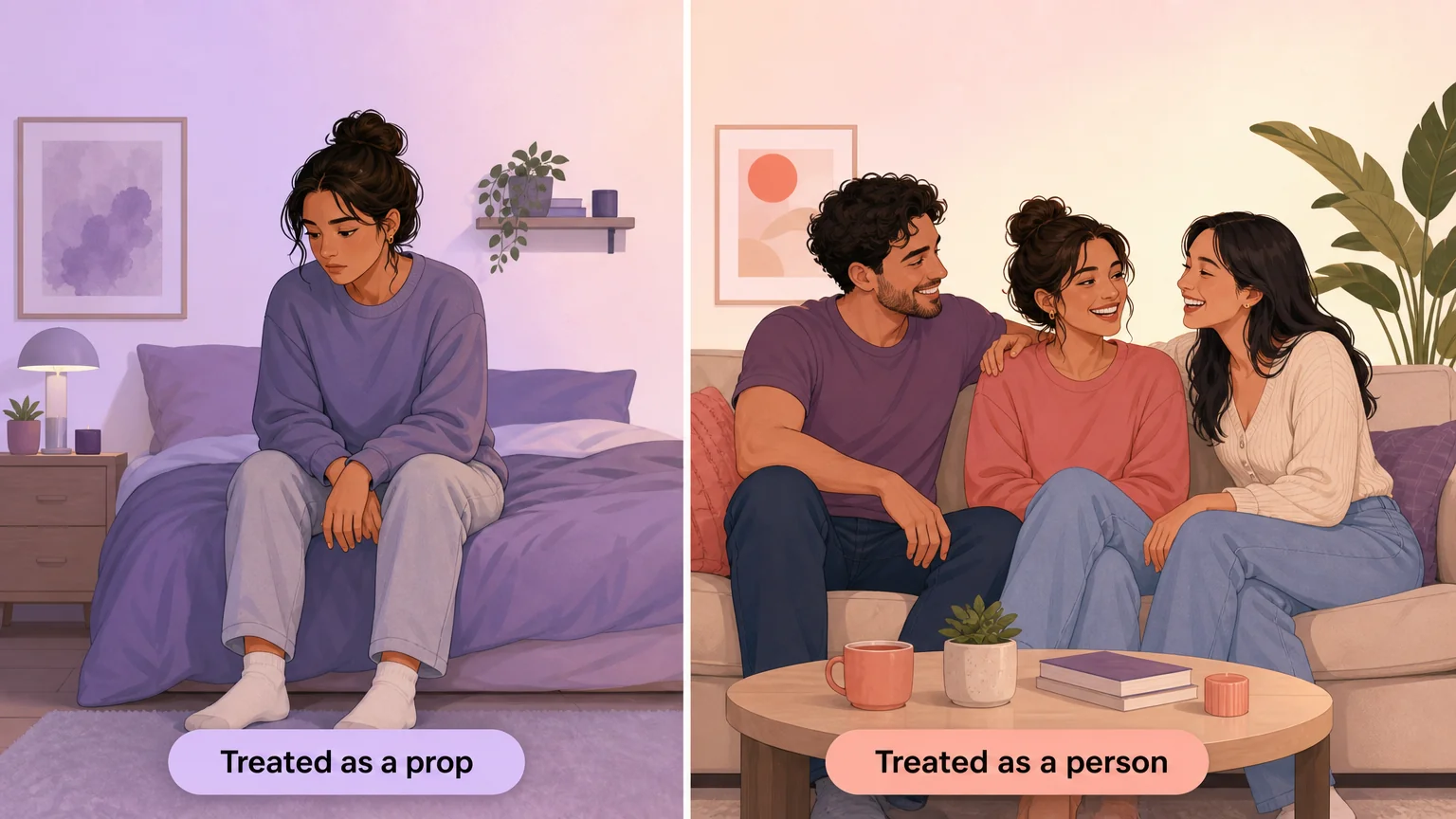 Two contrasting scenes showing the difference between being treated as a prop versus being treated as a person