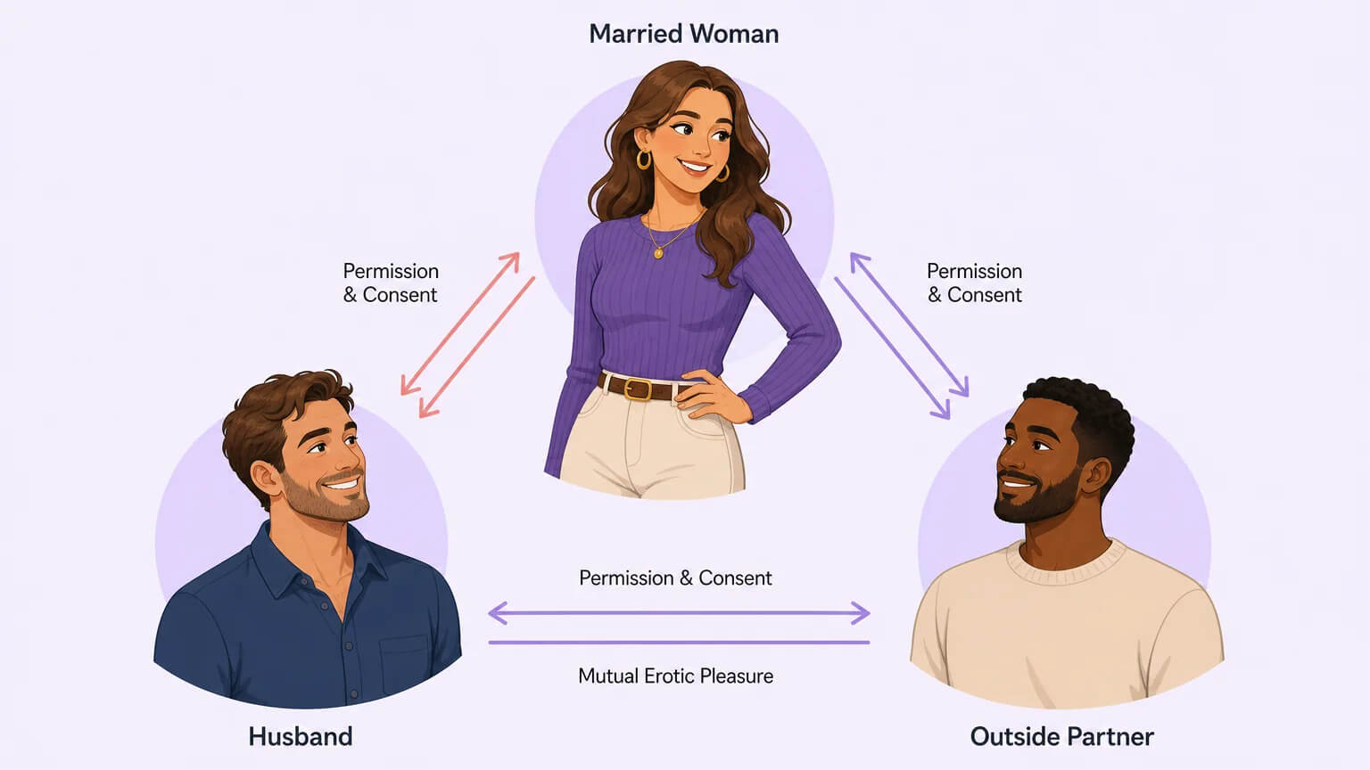 Three-party dynamic diagram: married woman at center, husband and outside partner connected by mutual consent arrows, pastel lavender background