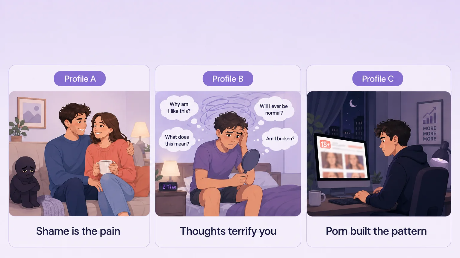 Three profiles of an unwanted fetish: shame is the pain, thoughts terrify you, porn built the pattern