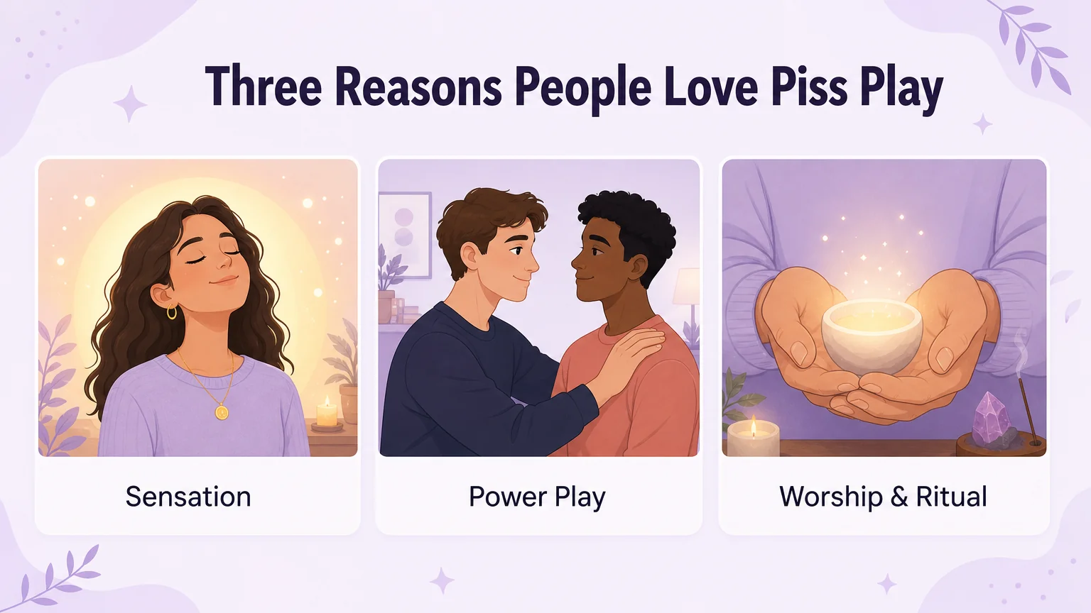 Three-panel visual showing the three reasons people enjoy piss play: Sensation, Power Play, and Worship and Ritua