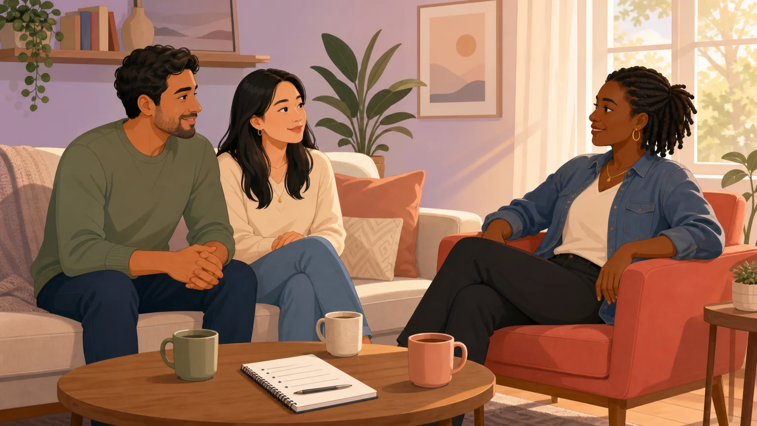 Three people having a mature, warm conversation about boundaries in a living room setting