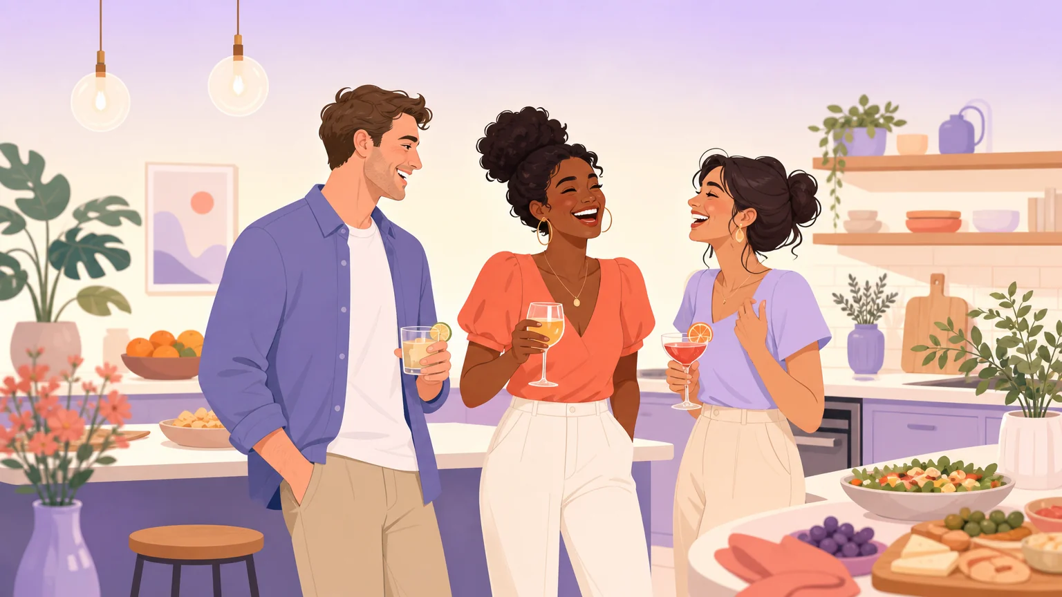 Three friends laughing together at a house party, illustrating the world's most common sexual fantasy