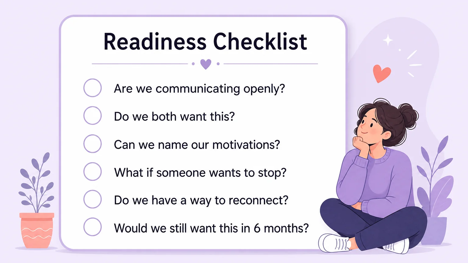 Designed checklist card with six readiness questions and empty circles for checking, with a small character nearby