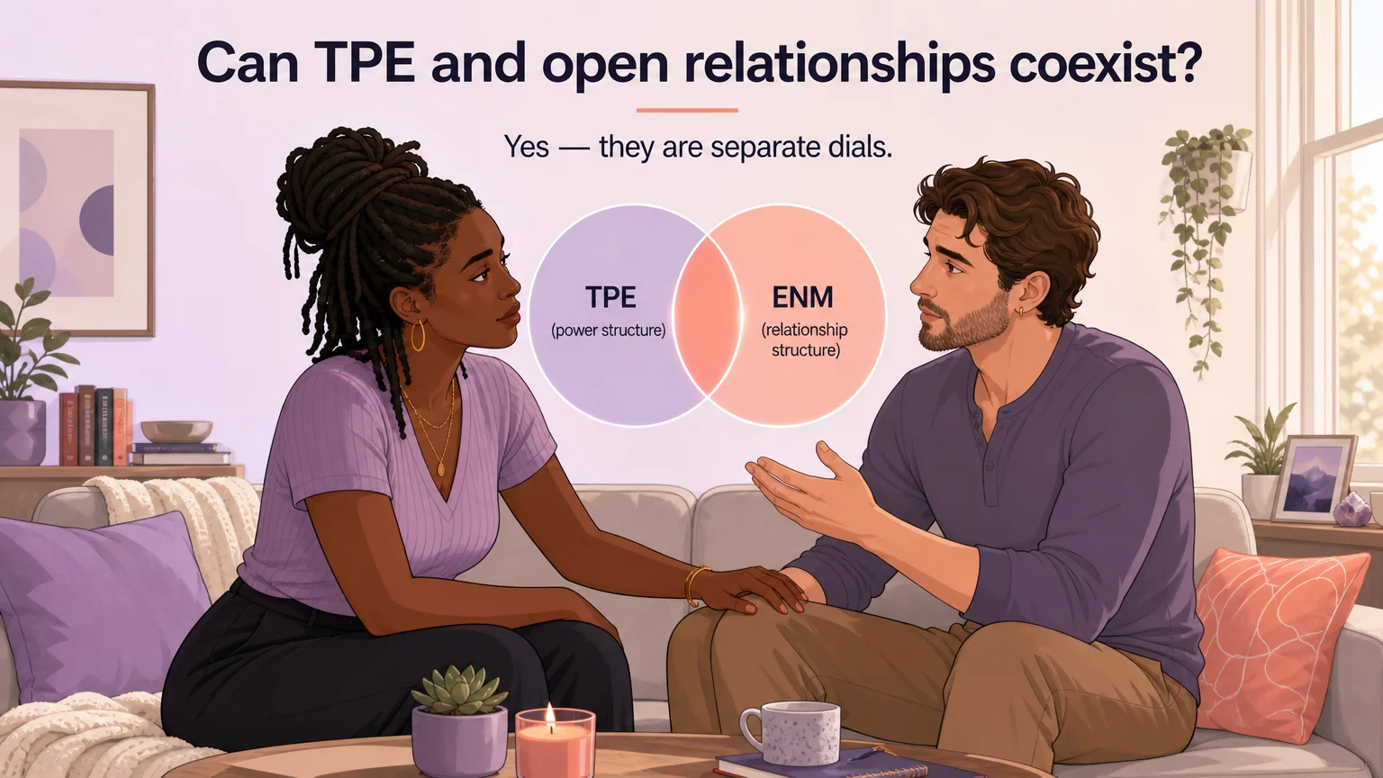 Two characters in conversation with Venn diagram showing TPE and ENM as separate intersecting circles