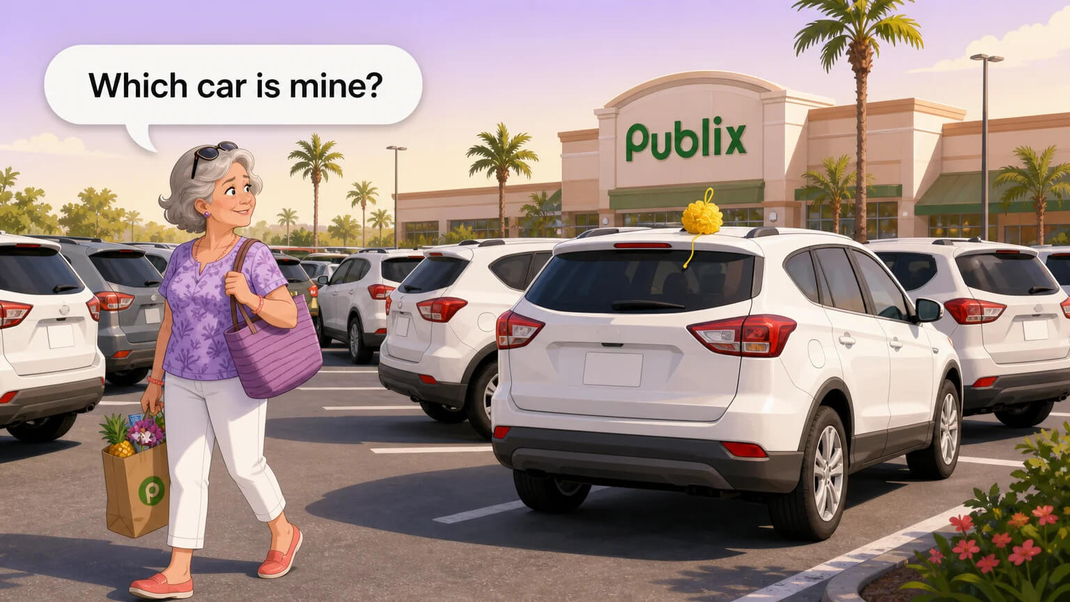 An older woman finds her white SUV in a Publix parking lot using a yellow loofah — the mundane truth behind the myth