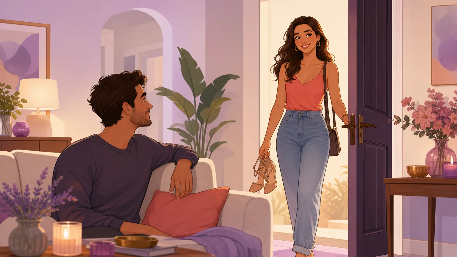 A woman returning home to her partner, capturing the intimacy of reconnection after an outside encounter