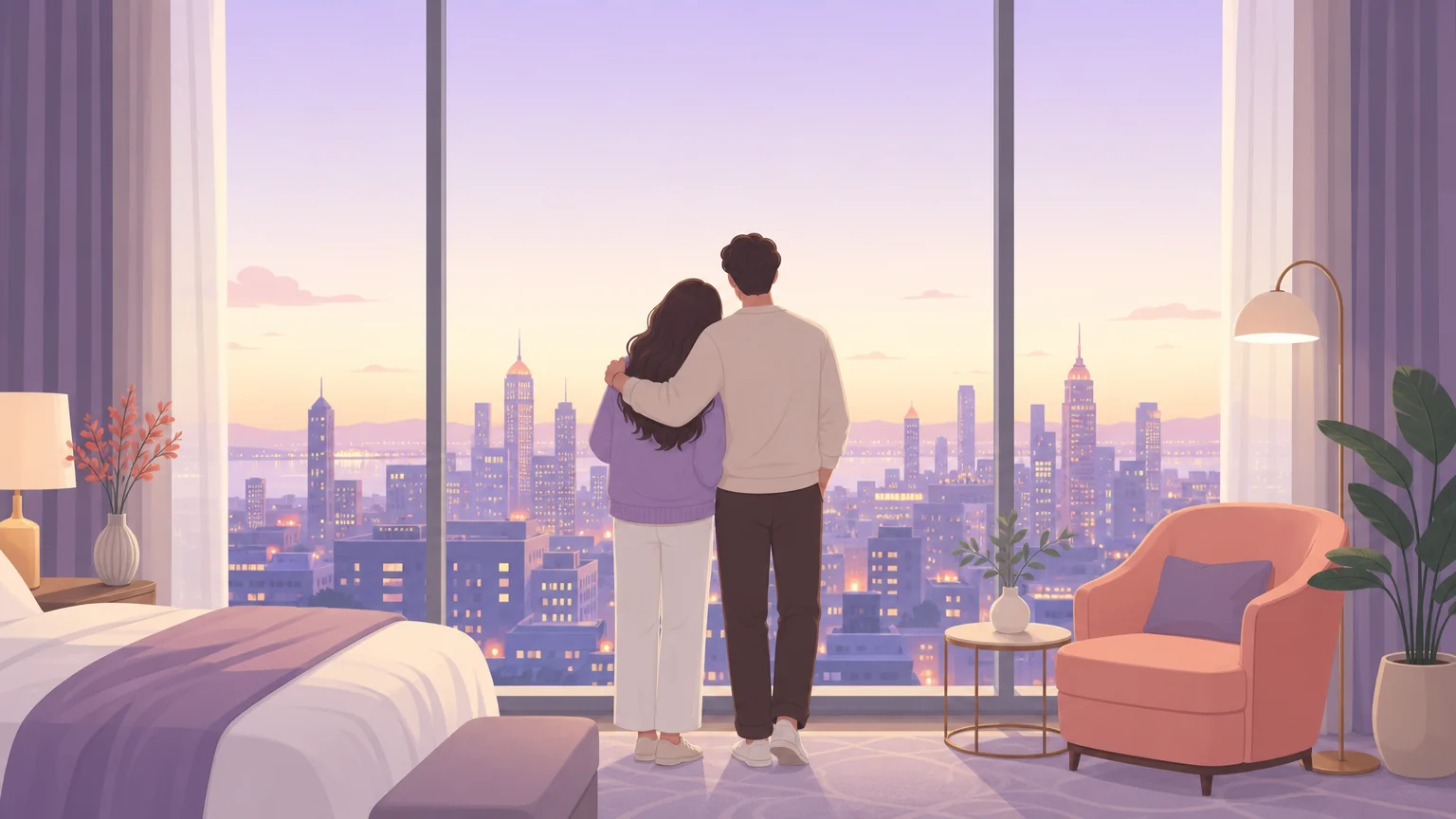 Couple standing together at a hotel window at dusk overlooking city lights, illustrating voyeurism and exhibitionism