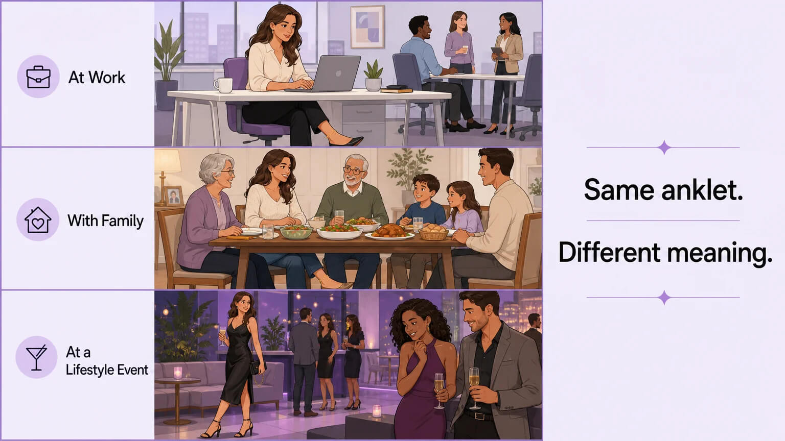 Three-panel illustration: same anklet worn at work, with family, and at a lifestyle event