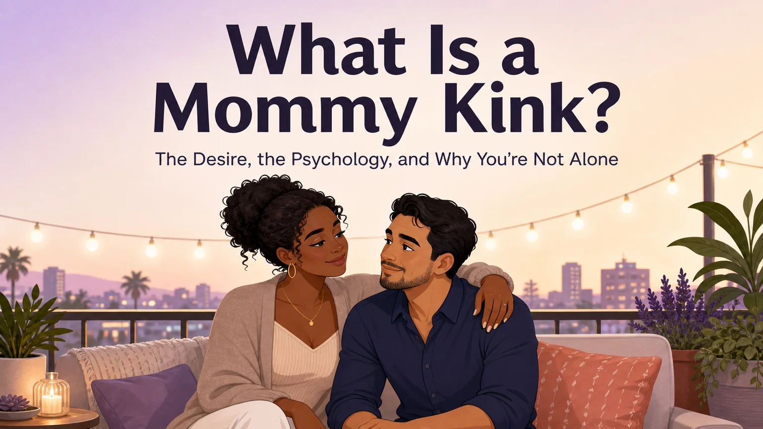 Cover image for What Is a Mommy Kink article showing two people in a warm balcony scene at twilight
