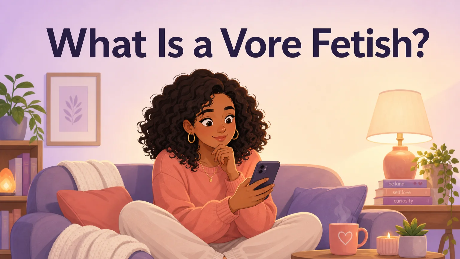 Cover image for What Is a Vore Fetish article — a woman on her couch at night, looking at her phone with curiosity