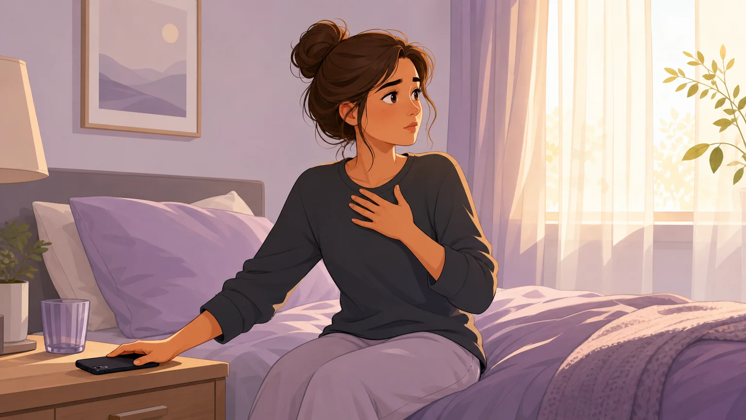 A character sitting alone on the edge of a bed — the quiet introspection of being asked a difficult question