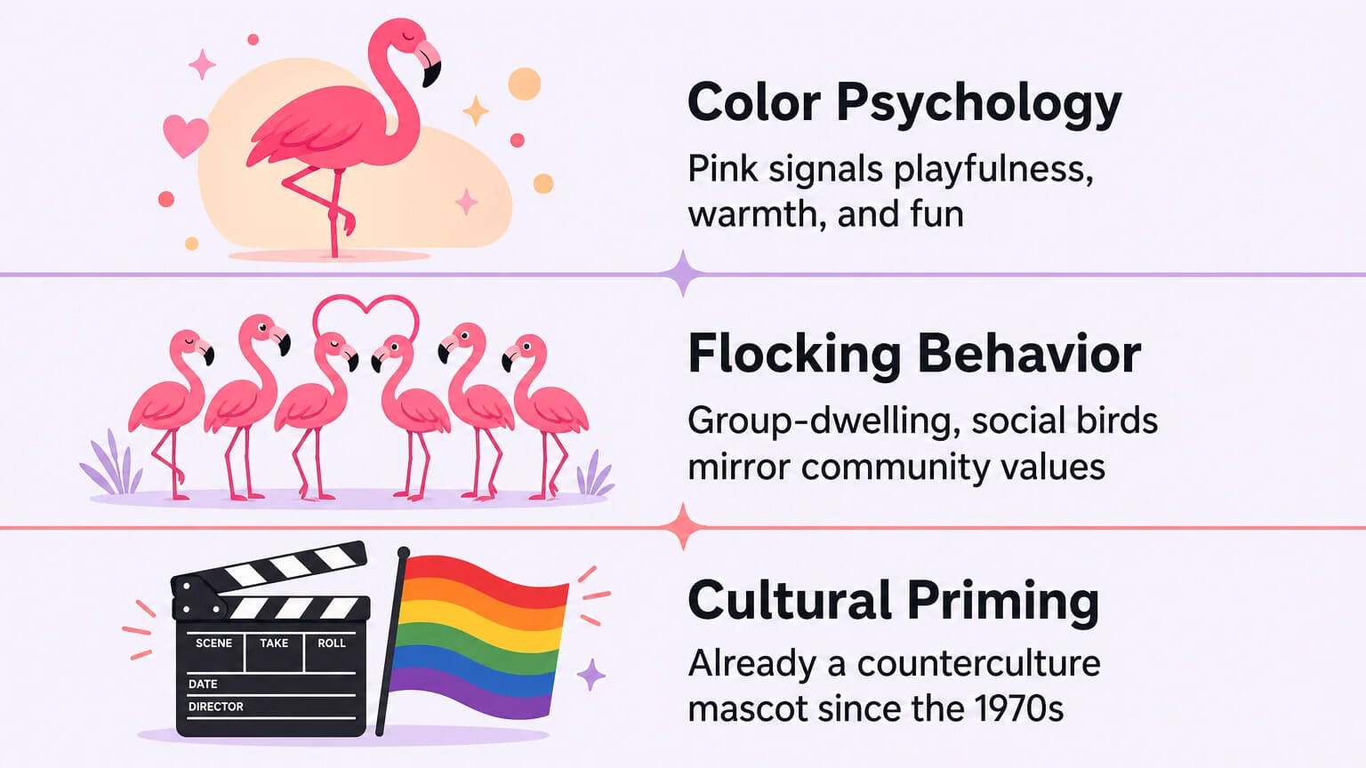 Three reasons flamingos became swinger symbols: pink color psychology, flocking social behavior, and counterculture history