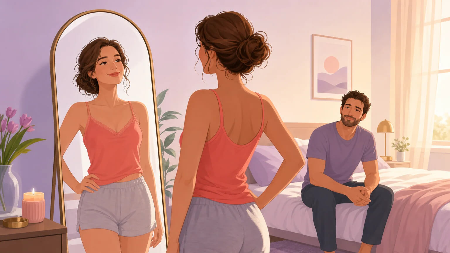 A woman standing before a mirror seeing her confident self reflected back, a moment of agency and self-reclamation