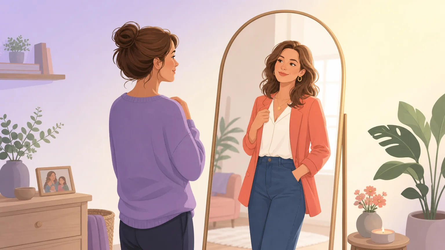 A woman standing before a mirror, seeing her confident vibrant self reflected back — a moment of reclaiming identity and visibility