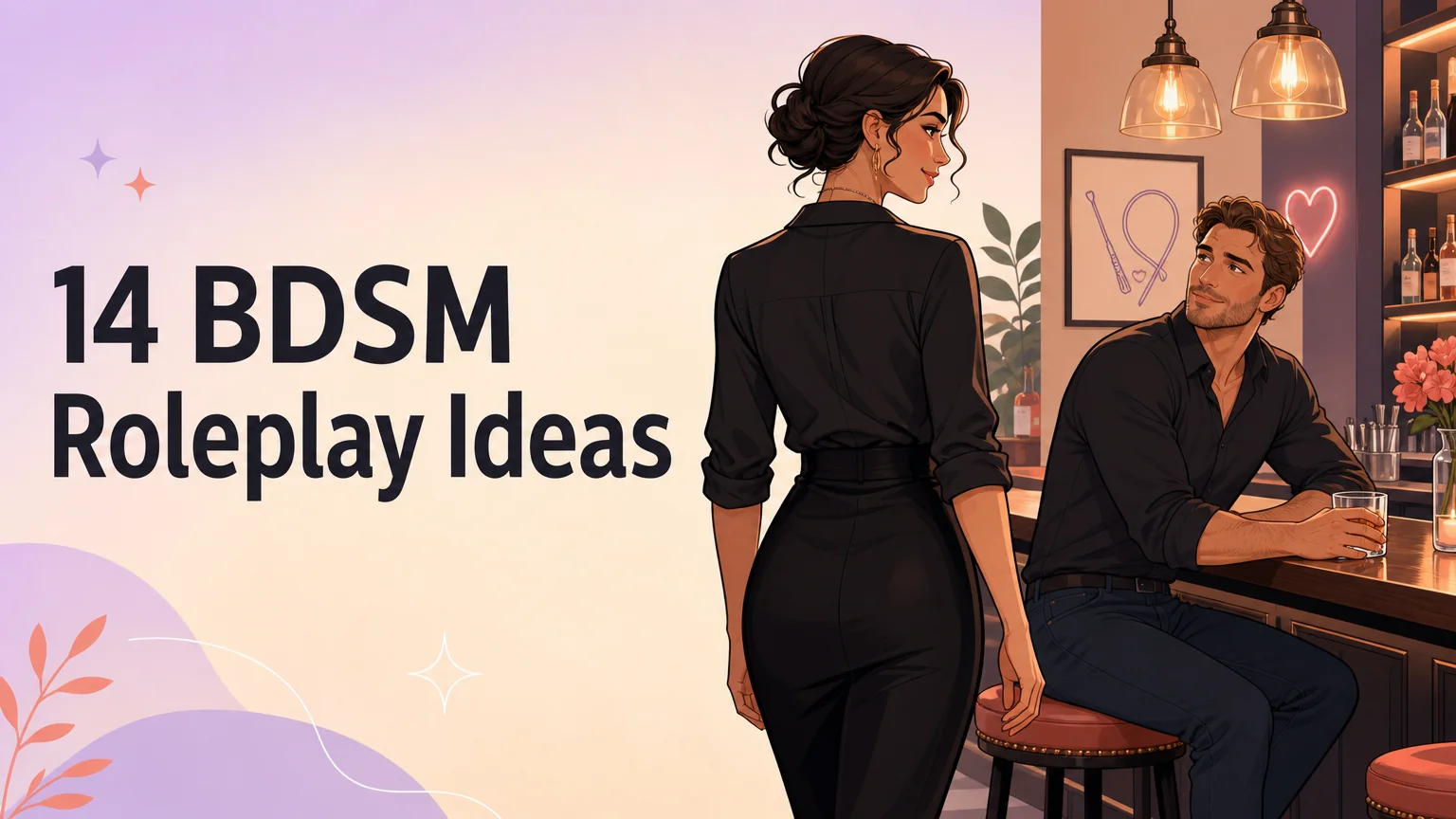 14 BDSM Roleplay Ideas cover — two people at a warm bar, one approaching the other