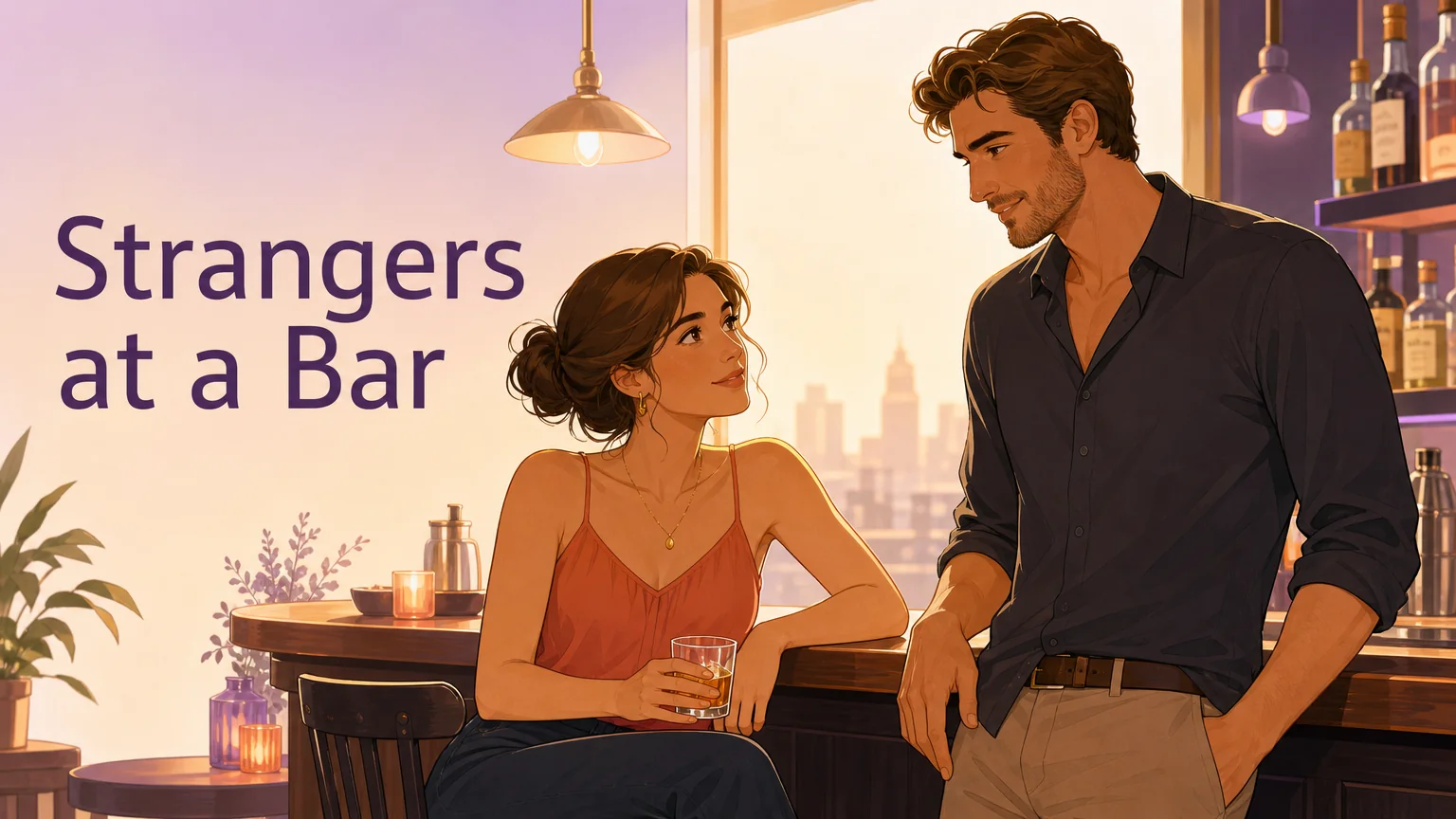 Two people at a warm bar counter — one approaching the other, eye contact across the room