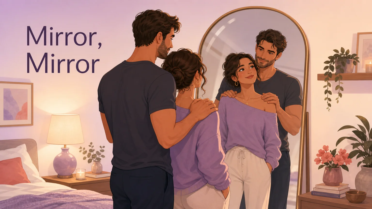 A couple standing before a full-length mirror — one behind the other, hands on shoulders, looking at their reflection together