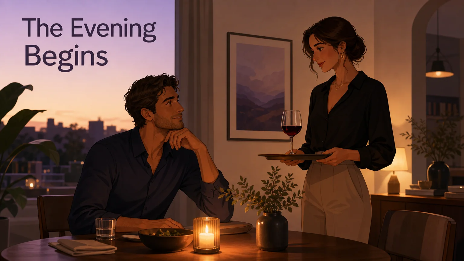 A candle burning on a dining table at dusk — warm glow marking the boundary between scene and real life