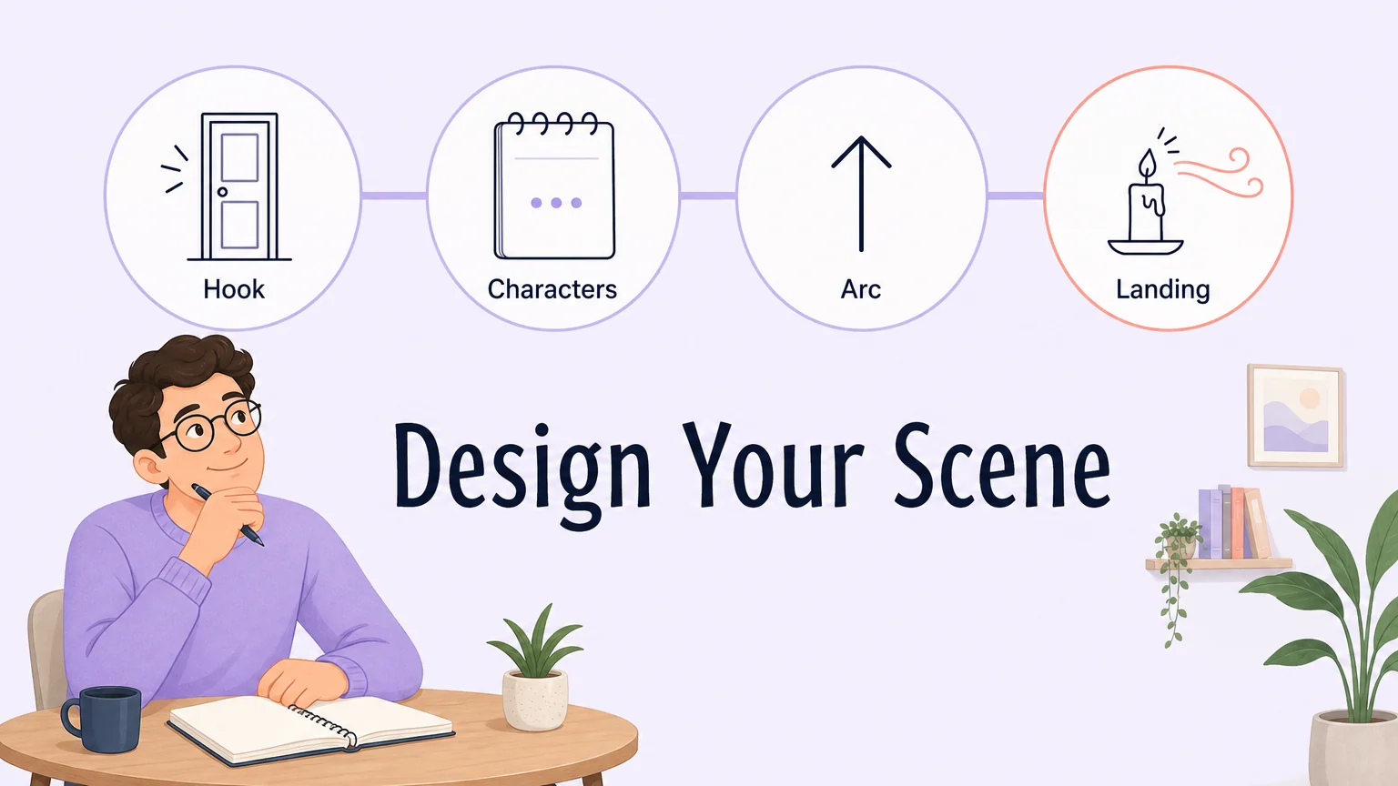 Four-step scene design framework: Hook, Characters, Arc, Landing — connected horizontally