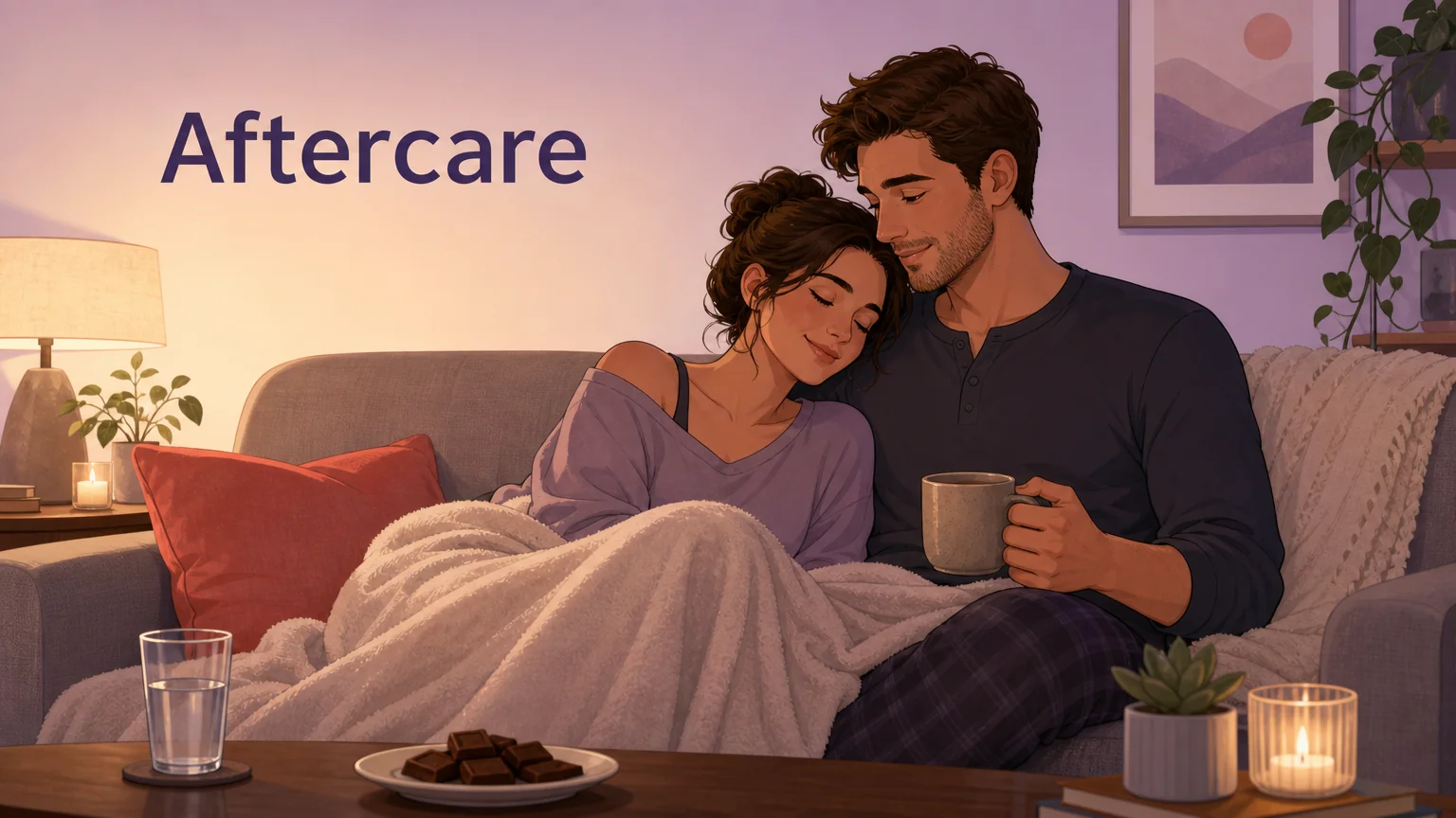 Two people sharing a quiet moment on the couch under a blanket — water, chocolate nearby — calm and restorative