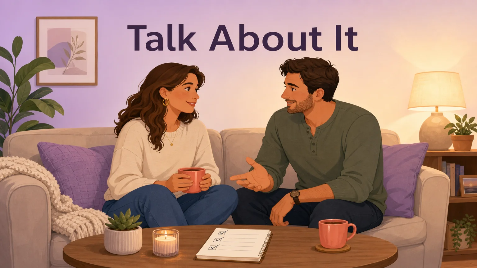 Two people on a couch having a calm, open conversation — notebook with checklist on the table between them
