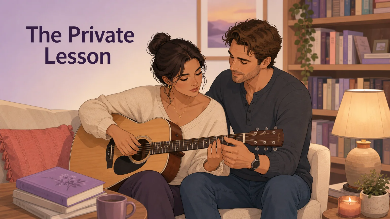 Two people sitting close — one guiding the other's hands on a guitar, a moment of genuine teaching and trust