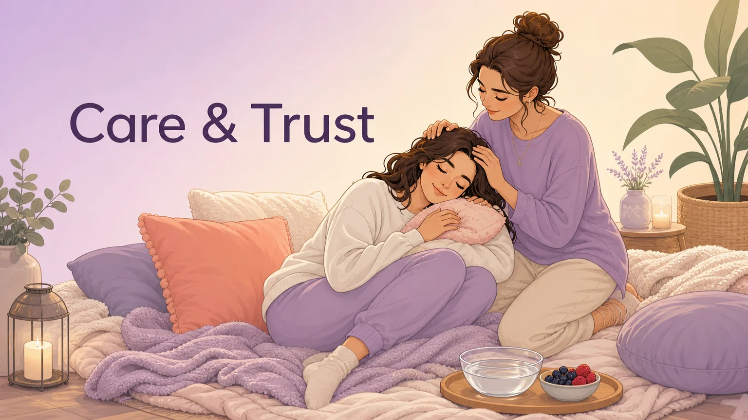 One person curled up peacefully on floor cushions, the other gently stroking their hair — a moment of quiet nurturing