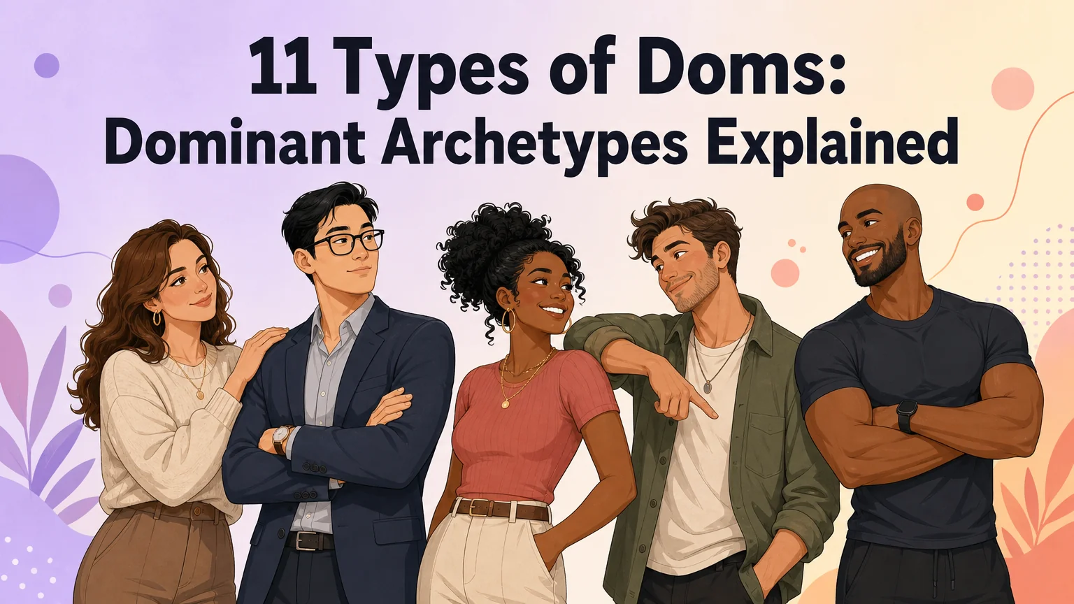 Cartoon illustration of diverse dominant archetypes for the 11 types of doms article