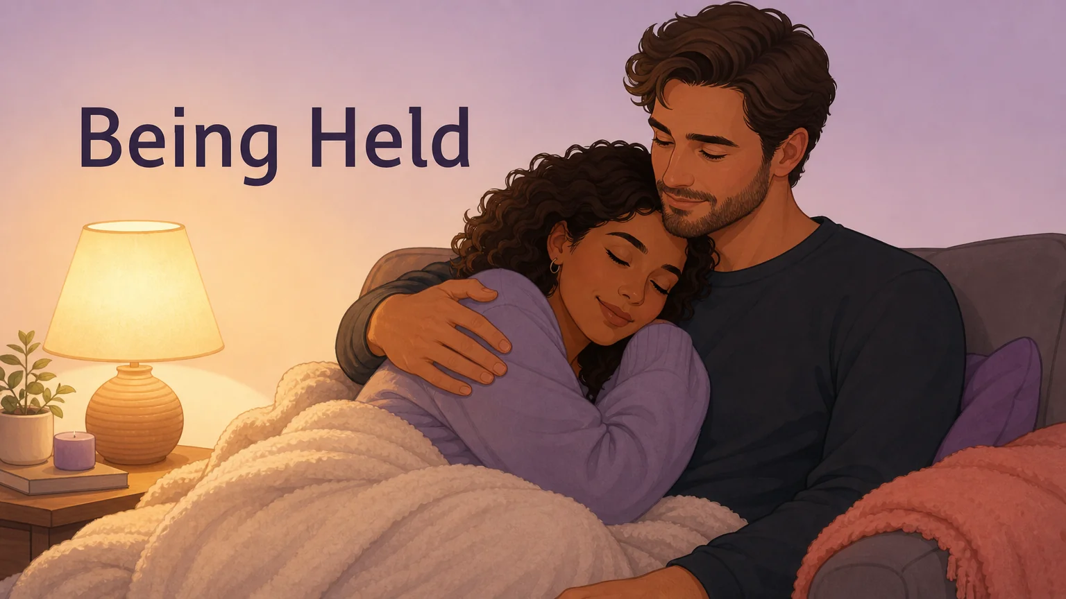 Two people on a couch under soft blankets — one resting their head on the other's shoulder, held in quiet safety