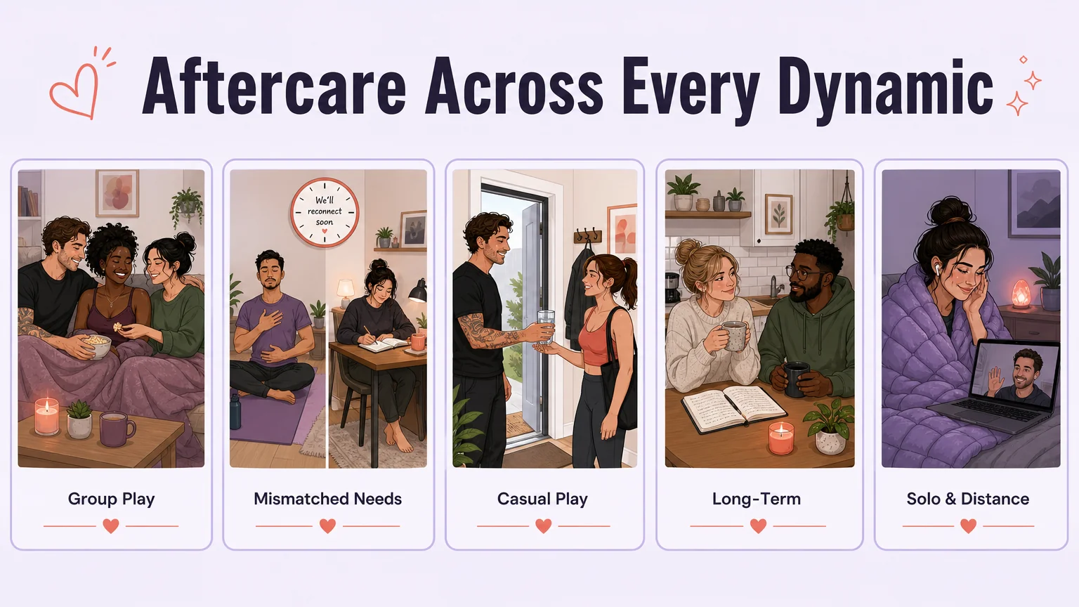 Five cards illustrating aftercare across different dynamics: group cuddle on a couch, mismatched needs with separate self-regulation, casual play with a warm gesture at the door, long-term partners at a familiar kitchen table, and solo long-distance connection via video call