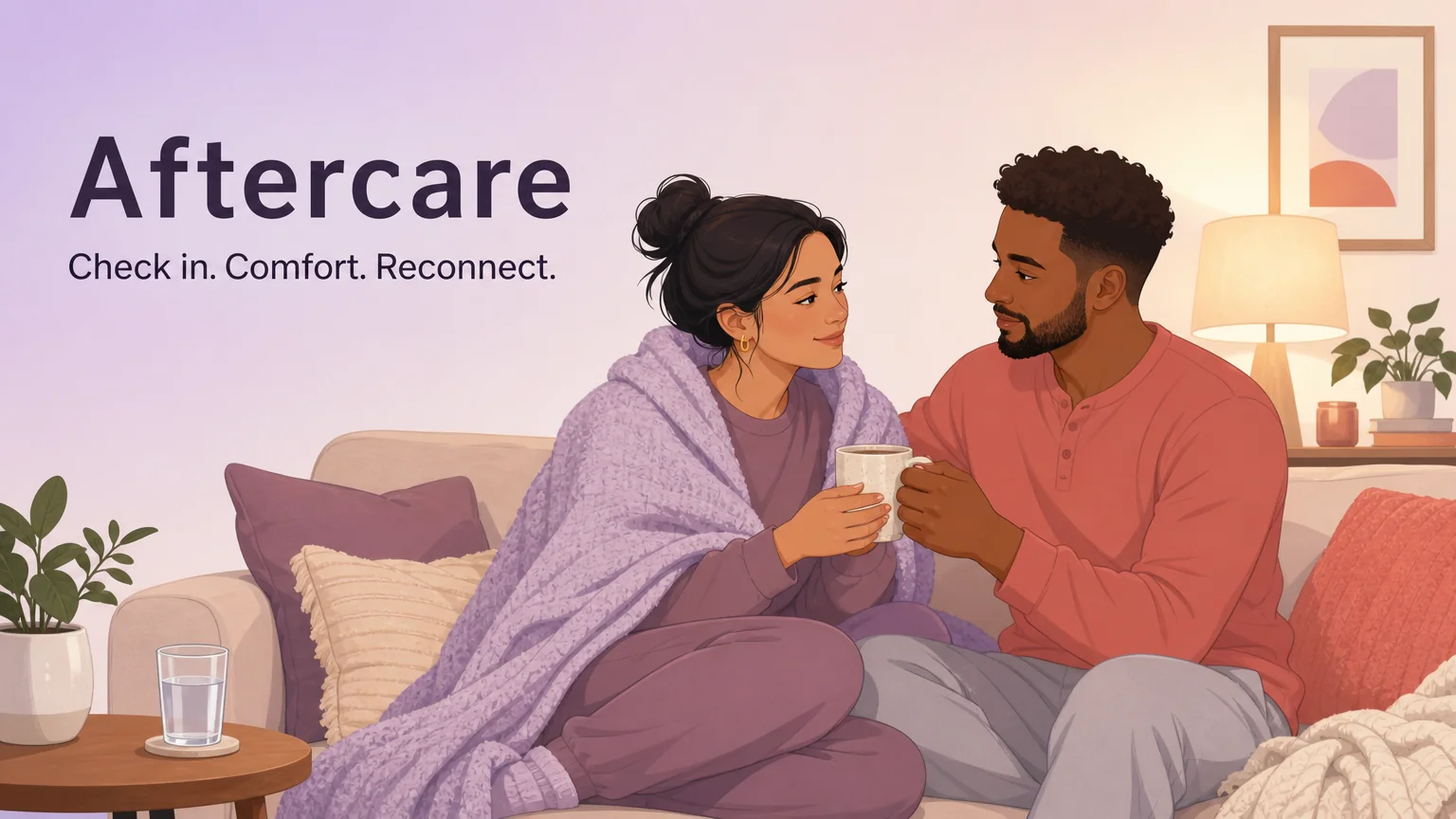 Aftercare moment — two people reconnecting on a couch with blankets and warm drinks after an intense shared experience