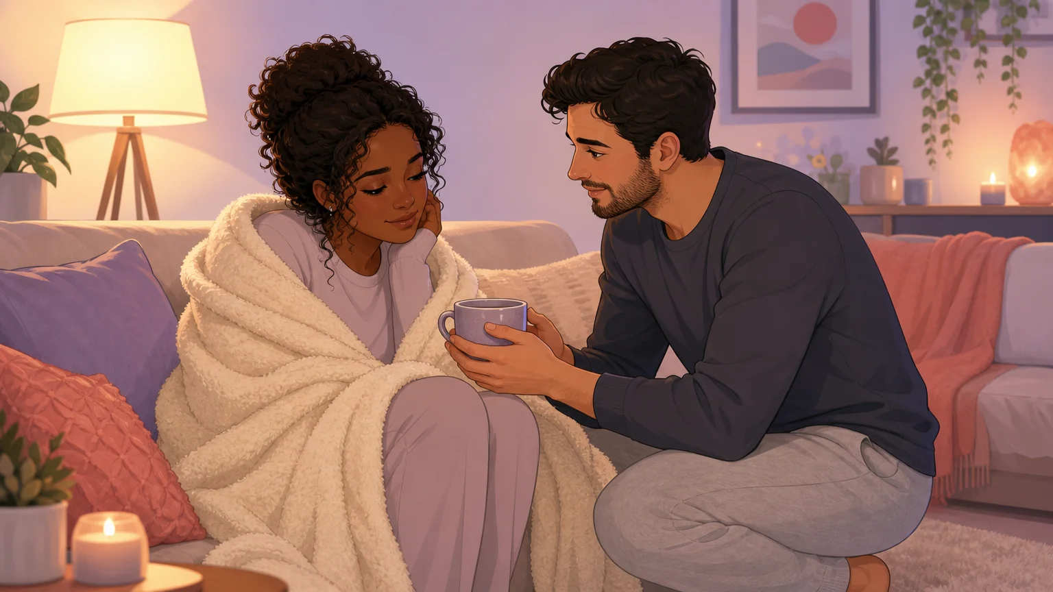 A warm aftercare moment: one partner wrapped in a blanket while the other offers tea with gentle care
