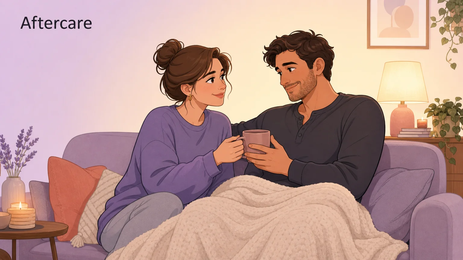 An aftercare moment: a couple resting under a soft blanket, one handing the other a warm drink