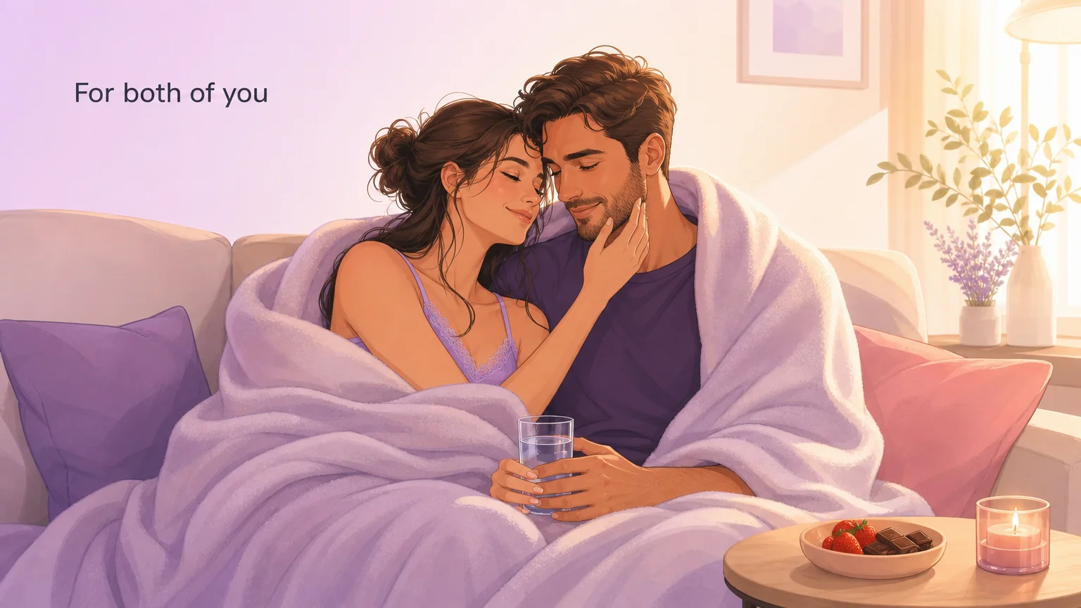 Aftercare moment for both partners wrapped in a blanket