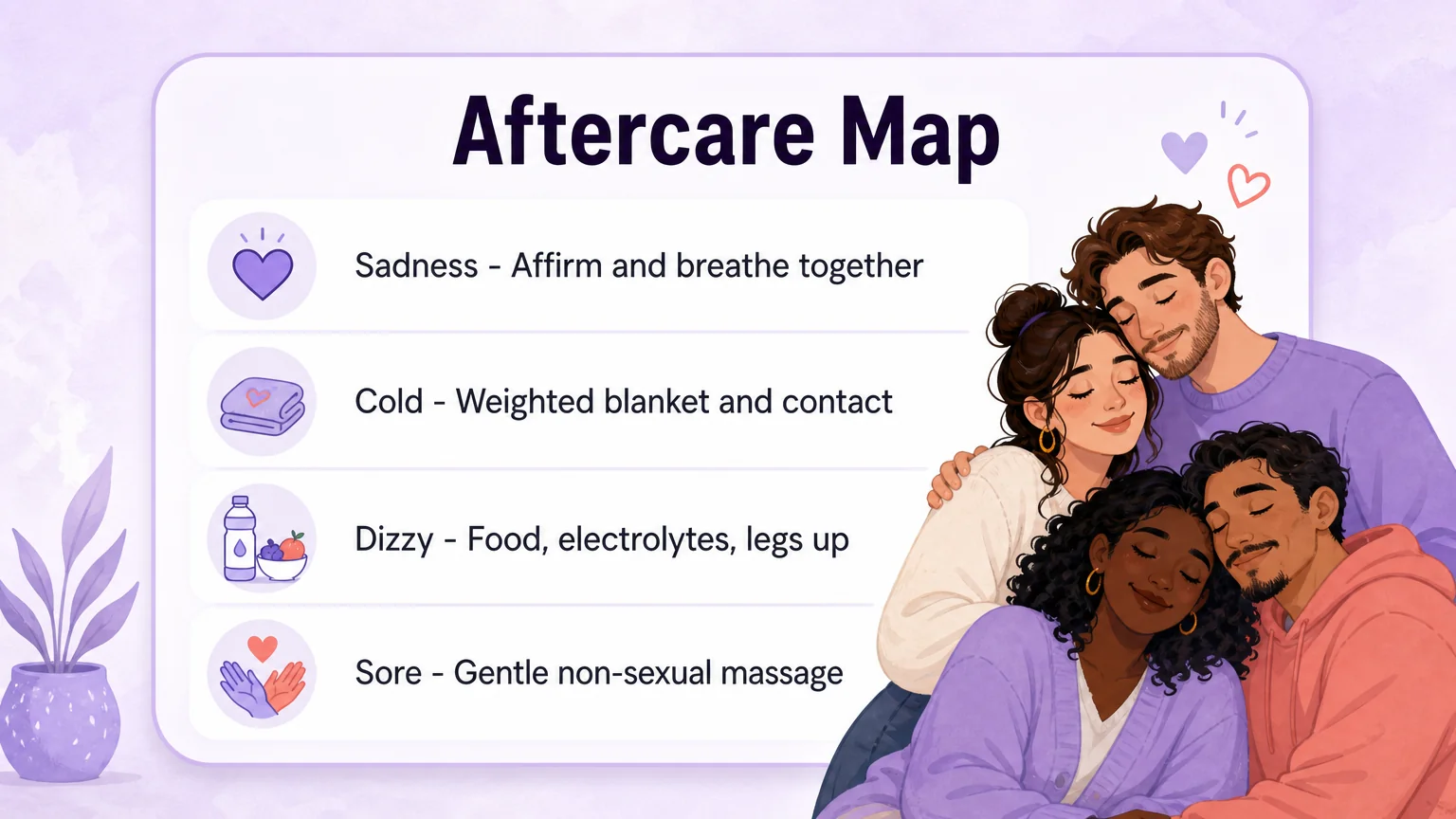 Aftercare map card: symptom to response, from sadness to affirmation and cold to a weighted blanket