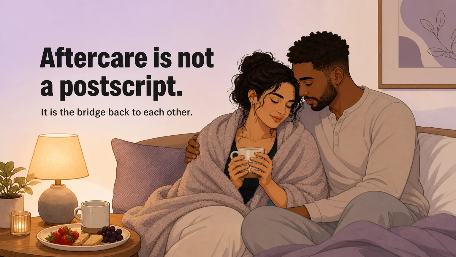 An aftercare moment — two people reconnecting with warmth, tea, and quiet presence after intensity
