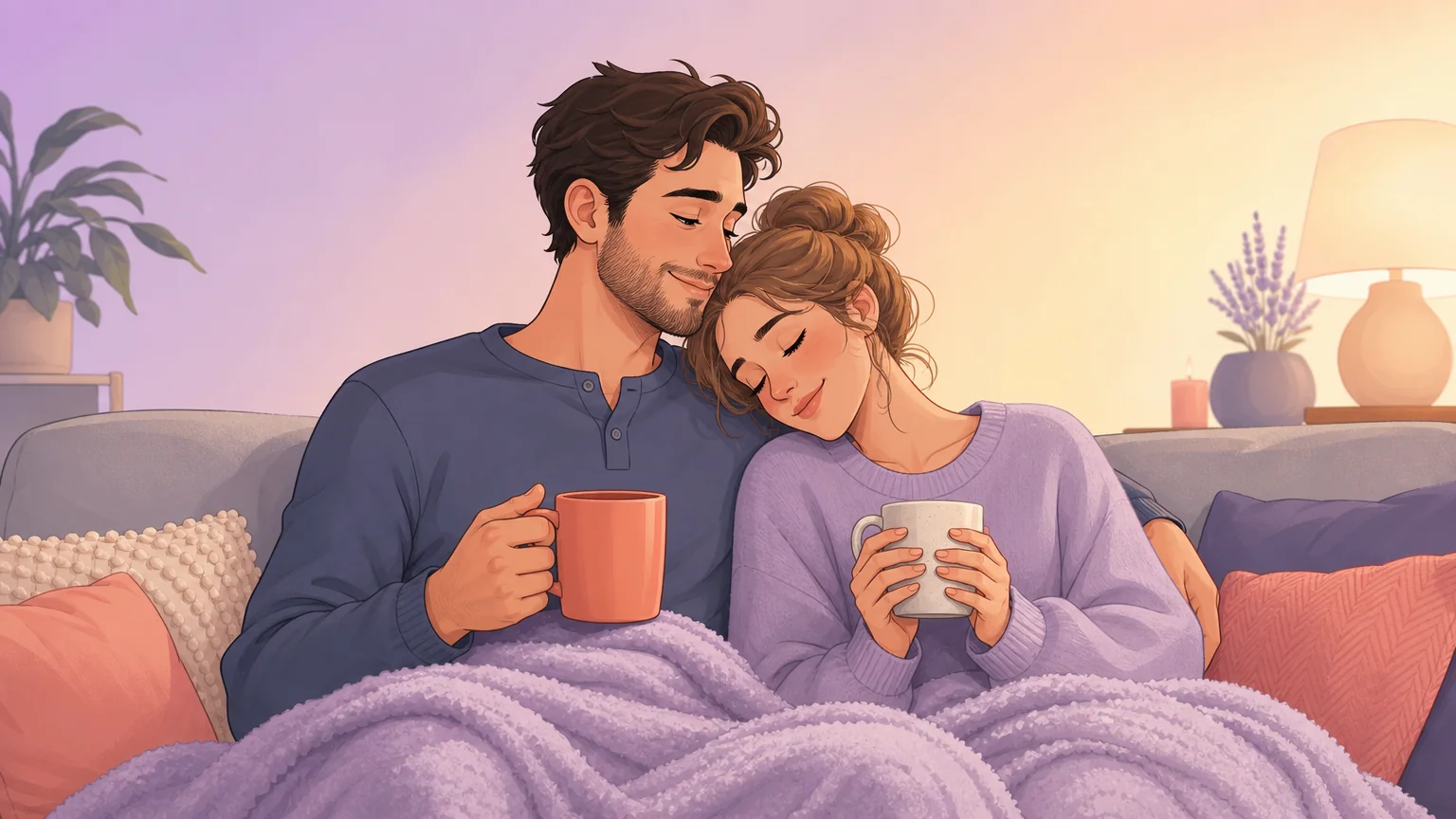Two partners reconnecting on a couch after a scene, wrapped in a blanket with warm mugs