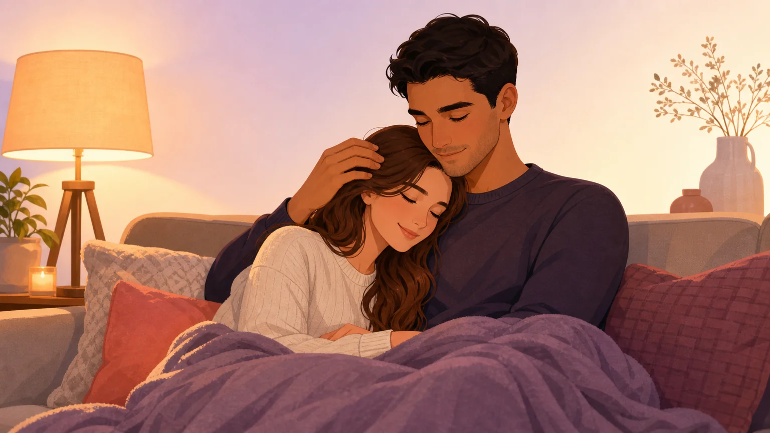 Two adults sharing a quiet aftercare moment — one holding the other gently on a couch, connection restored after a correction