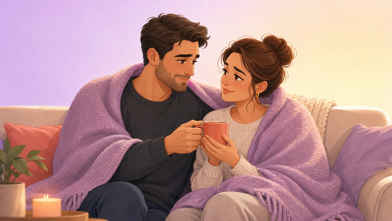 A couple reconnecting under a soft blanket with warm drinks during aftercare