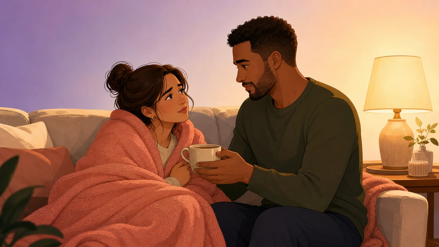 Tender reconnection after a scene — one partner wrapped in a blanket, the other offering a warm drink