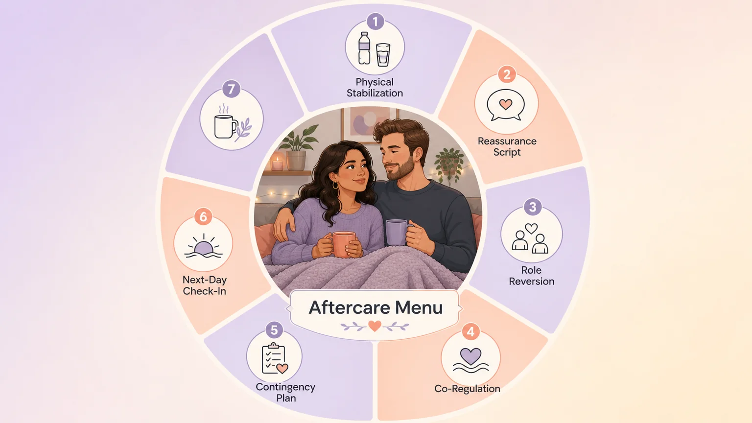 Seven-step aftercare safety net — from building an aftercare menu to the next-day check-in, with a couple reconnecting at the center