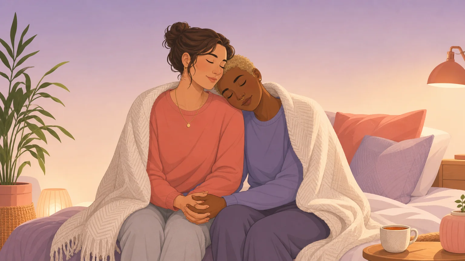 Two partners sharing gentle aftercare after an intense evening, wrapped in a blanket together