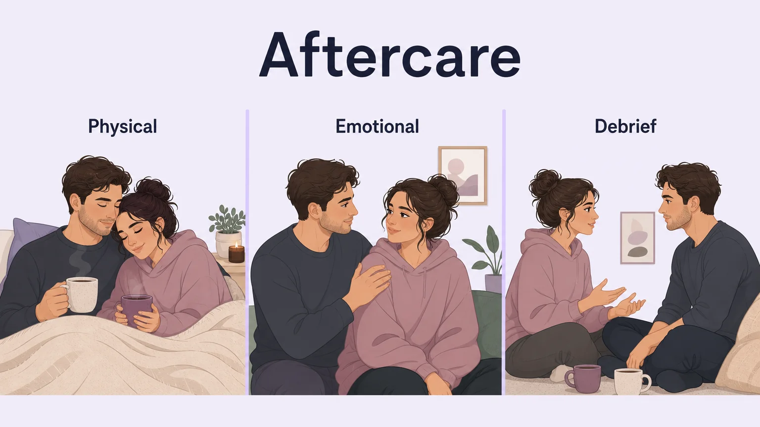 Three-panel layout showing the layers of aftercare: physical comfort, emotional reassurance, and debriefing
