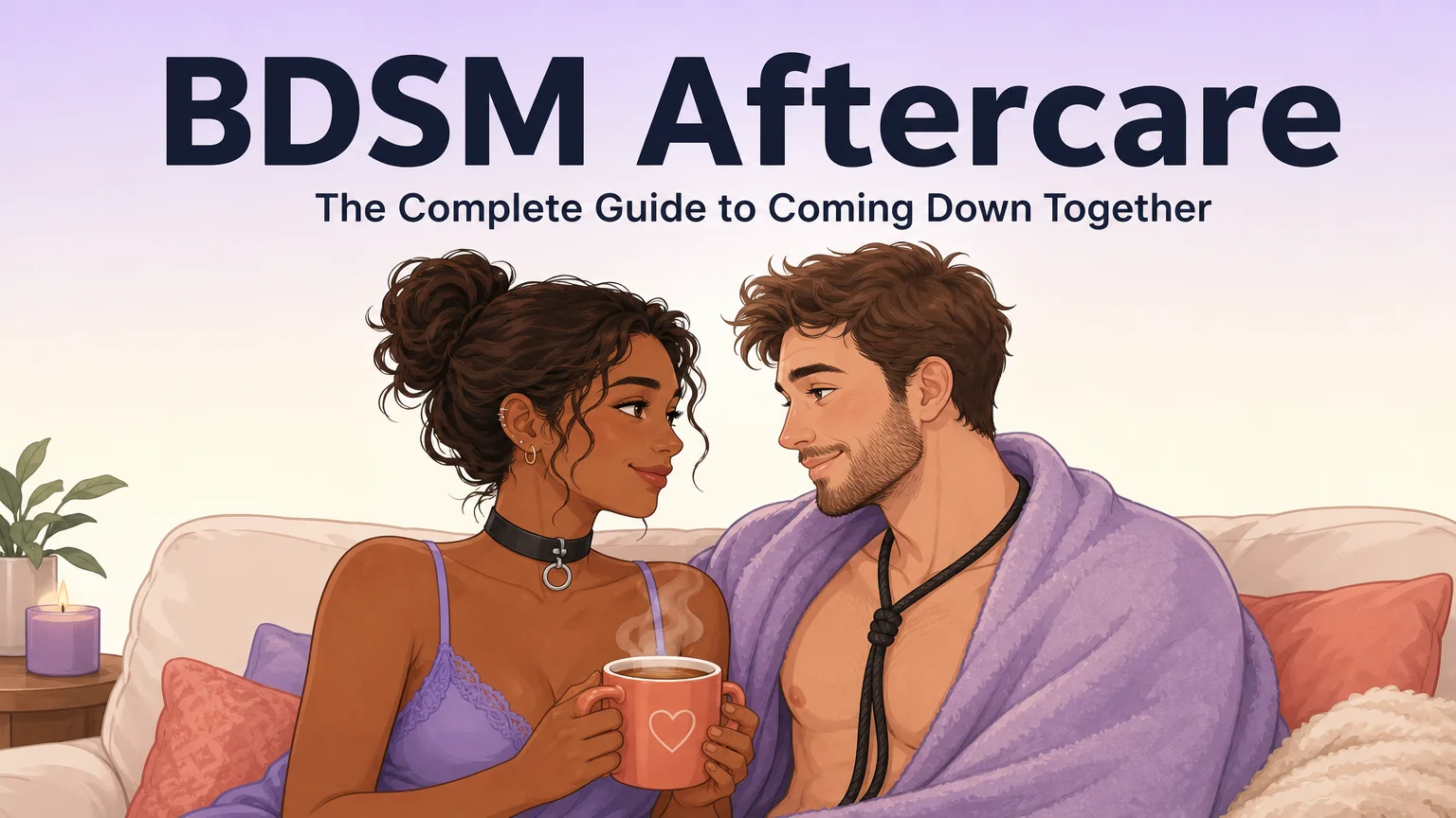 BDSM Aftercare cover illustration: two people sharing a quiet moment of care on a couch, warm tea and blankets, soft lavender to cream gradient background