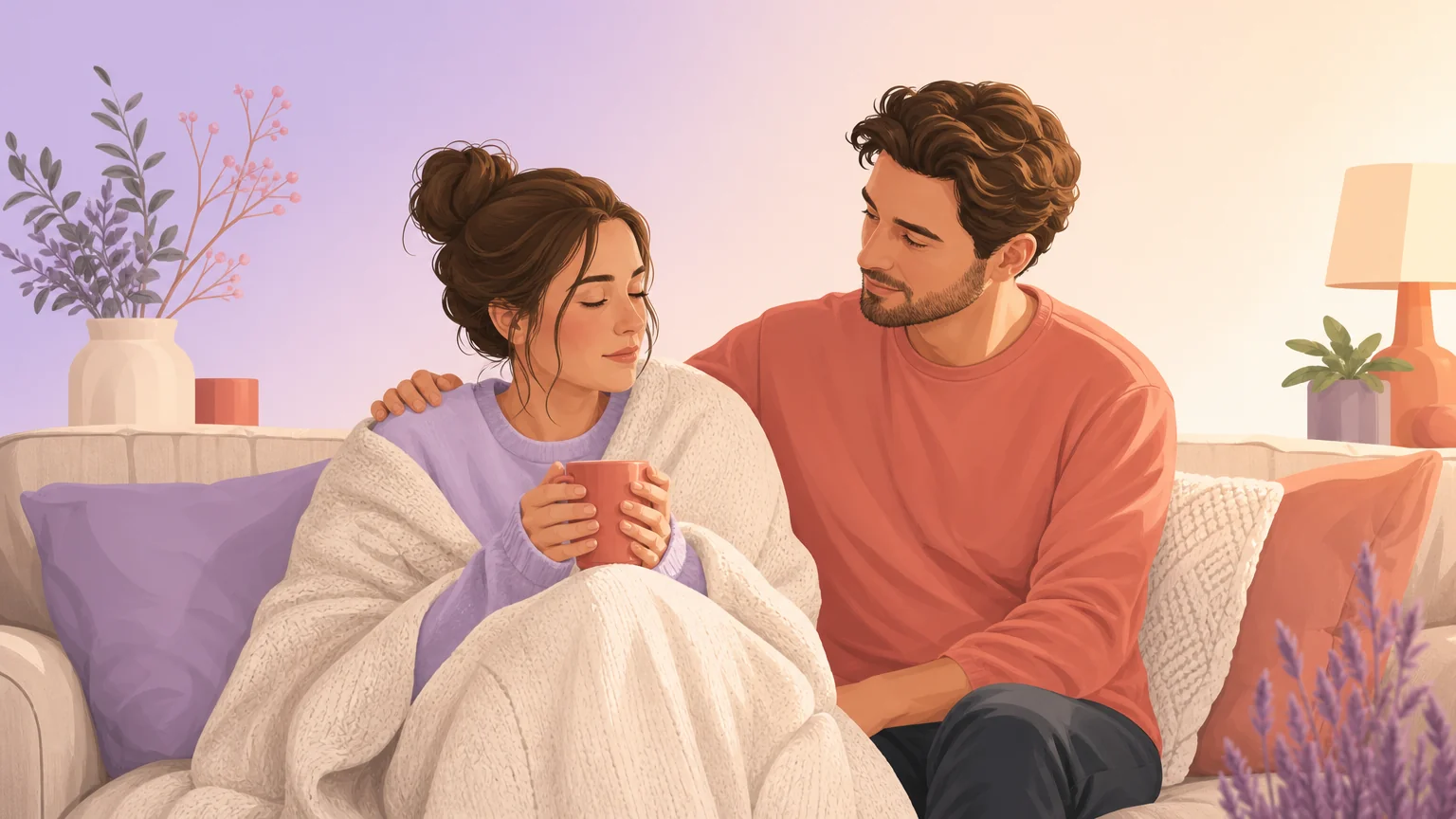 Warm aftercare moment after a BDSM session, with a blanket and tea
