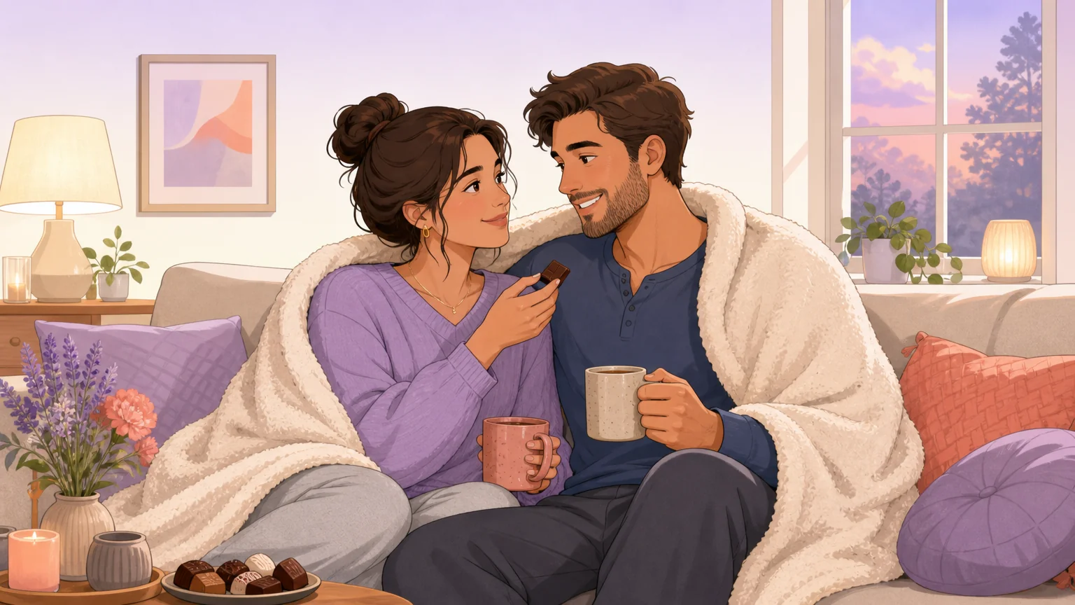 Illustration of a couple sharing aftercare with a blanket and tea after a scene